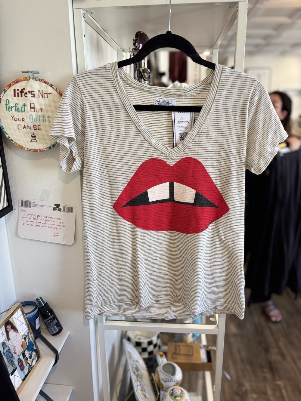 Lauren Moshi Striped V-Neck Tee with Red Lip Graphic